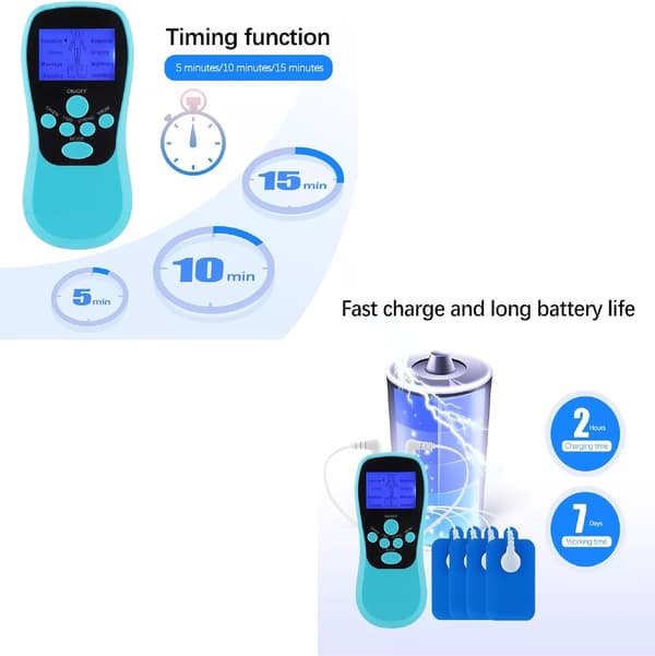 Mini elektronisk fysioterapi TENS-maskin 8 moduser med 4 puter (oppladbar)