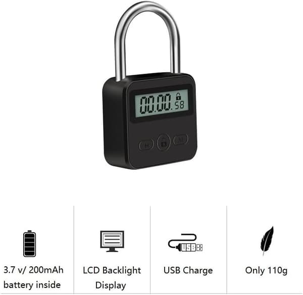 Metall Timerlås - Elektronisk Tidslås med LCD-display - USB-laddning (Svart)