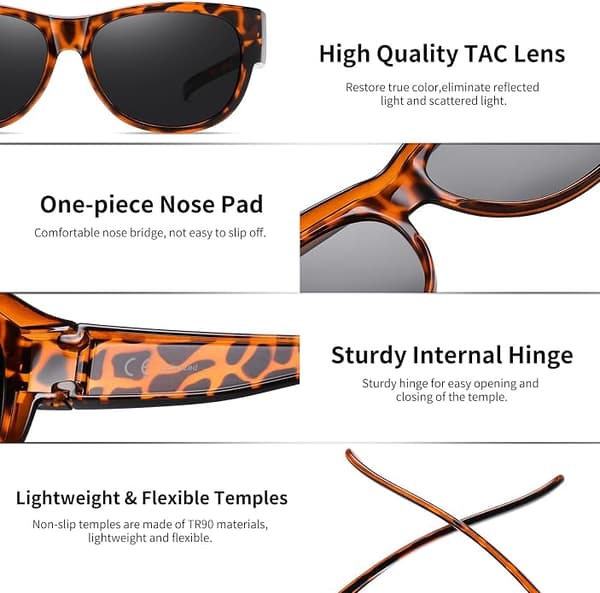 Polariserade solglasögon för kvinnor och män att bära över glasögon, snygg Cat Eye-design, 01 Brun Leopardbåge Grå Lins