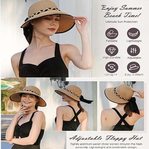 Dame Solhat Med Bred Skygge UPF 50+ UV Beskyttelse Sammenfoldelig Strandhat Sommer Roll-Up Kasket Khaki