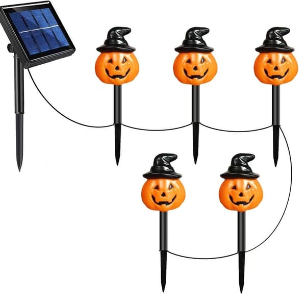 Sæt med 5 solcelledrevne Halloween Jack-o'-lantern stavlamper – orange havelys til udendørs dekoration