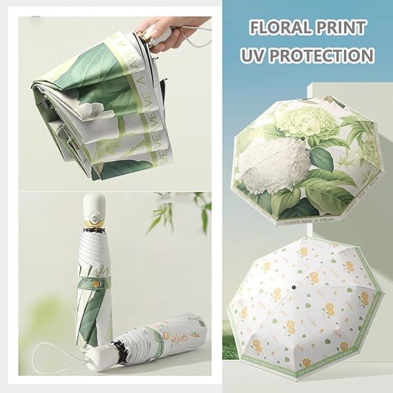 Litet hopfällbart paraply, 8 ribbor vindavvisande UV-skydd kompakta paraplyer, present till kvinnor