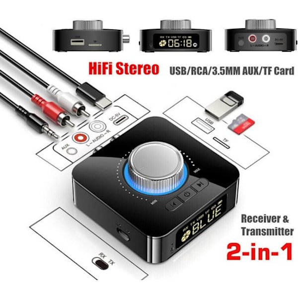 Bluetooth 5.0 mottaker/sender trådløs 3,5 mm AUX til RCA HiFi lydadapter