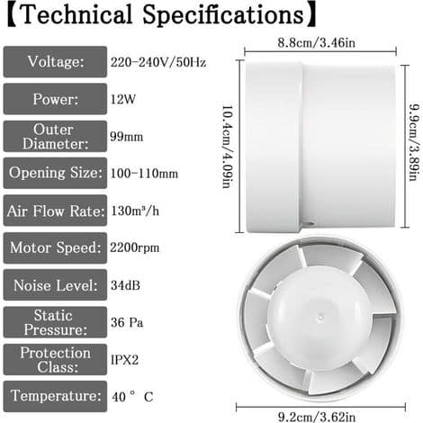 100 mm ventilator, 130 m luftudsugningsventilator