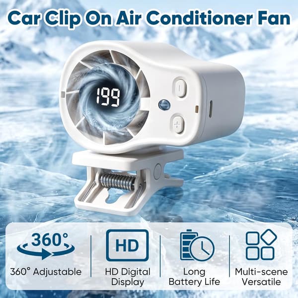 Bilventilator med LED-display, 360° drejelig, 199 hastigheder, USB genopladelig ventilator til bil og camping grå grey