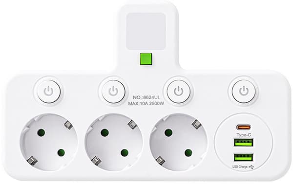 Kompakt 3-vejs stikdåse med 2 USB-A, 1 USB-C, natlys og tænd/sluk-knap – sort