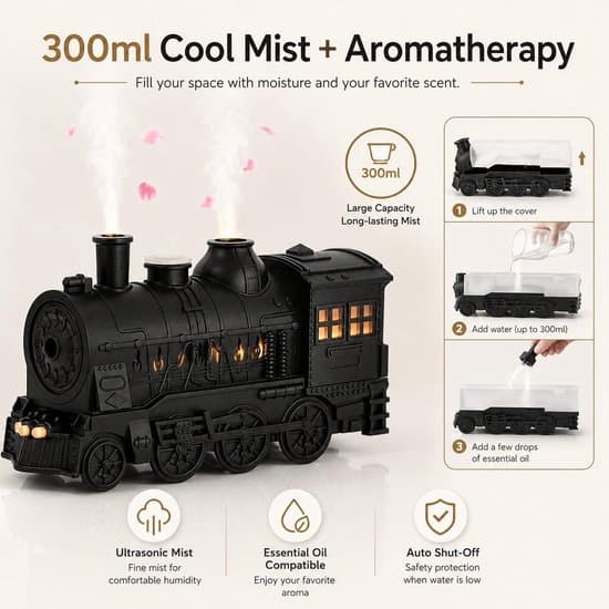 Tog Aroma Diffuser - 300ml Vintage Damptog Diffuser - Luftfukter med 2-farget LED-lys - 2 Tåkemoduser - Automatisk avslåing
