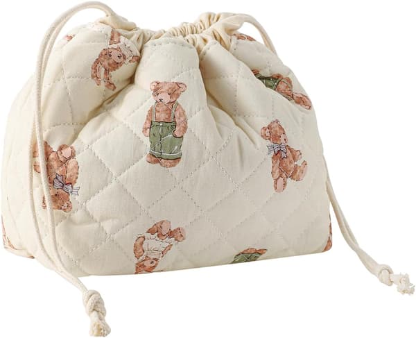 Bomull Quiltad Dragsko Sminkväska (04White Bear) Liten, Canvasfoder, Vikbar Coquette Estetisk Söt Resetoalettväska, Dragsko Presentpåse