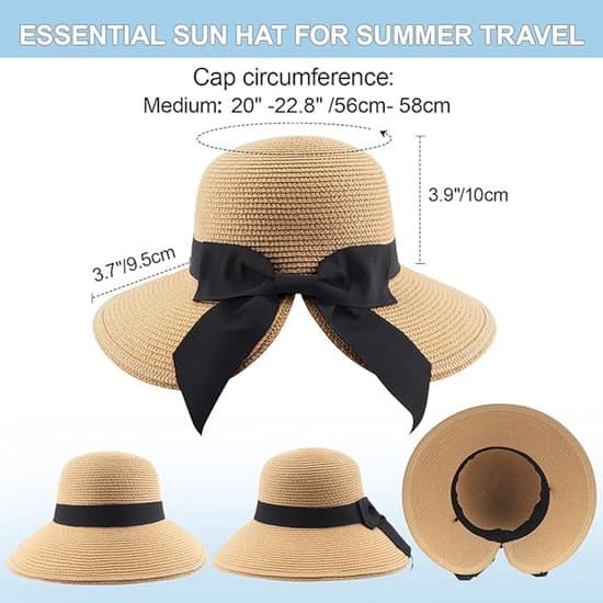 Solhat - Damesolhat - Solhat med sløjfe til damer - Bred skygge - Sammenfoldelig strandhat til sommer - Stråhat med bred skygge og sløjfe - Khaki