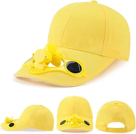 Unisex solhat med ventilator – One size fits all – Ensfarvet solhat – 2 opladningsmetoder – Justerbart spænde bagpå – Gul