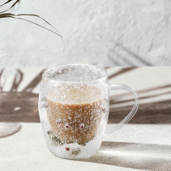 Jul Dubbelväggig Glasmugg Set - Isolerade Varm Choklad Koppar med Träddesign, Termiska Kaffe- & Te Glas
