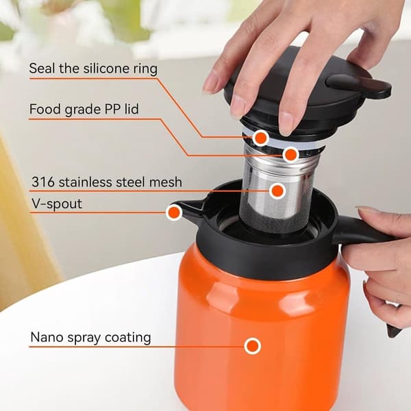 1L Dobbeltvægget Termokande i Rustfrit Stål med Infuser – Isoleret Kaffe- og Temaskine, Trykknaplåg, Langvarig Varmefastholdelse