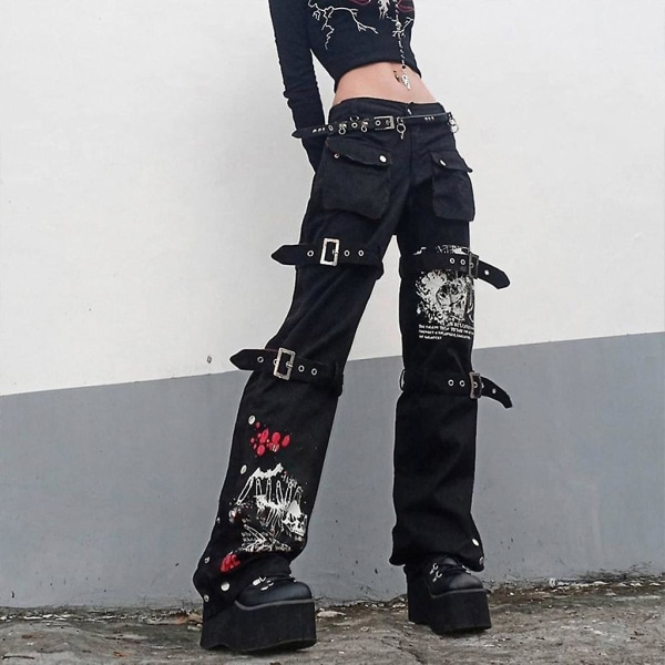 Dam Goth Punk Jeans med hög midja Harajuku Metal Spänne Bälte Hip Hop Print Cargo Byxor Vida ben Baggy Lösa jeansbyxor Streetwear med fickor S S
