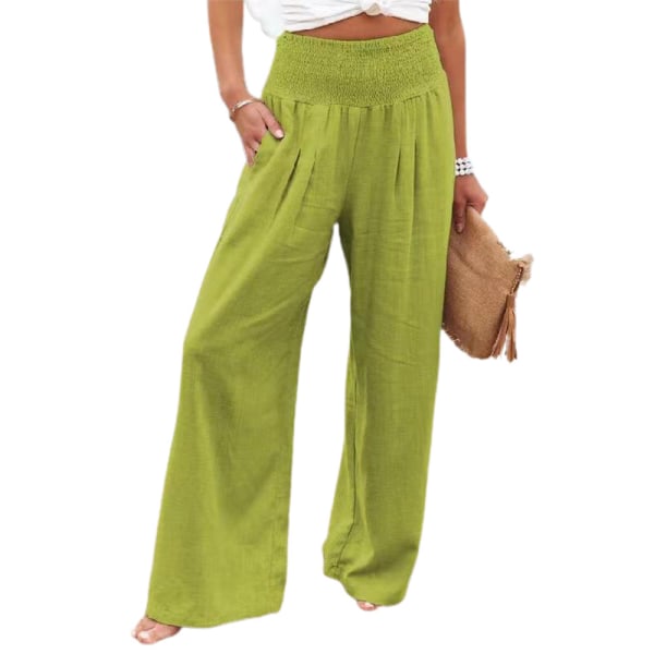 Lady Wide Leg Bomull Linne Byxor Långbyxor Elastisk midja green S green S