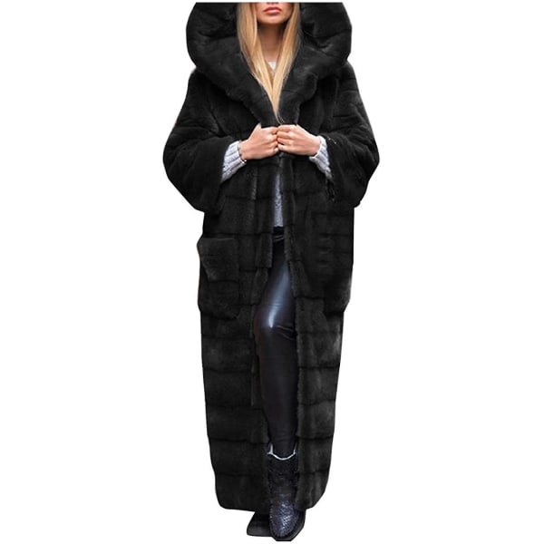 Kvinnors fuskpäls långärmad jacka med huva, ytterkläder Black 4XL
