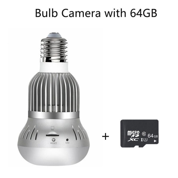 360° Panoramic Mini Camera Bulb 2-i-1 Home Security Mini Övervakningskamera Tvåvägsljud Fjärrövervakning 64GB
