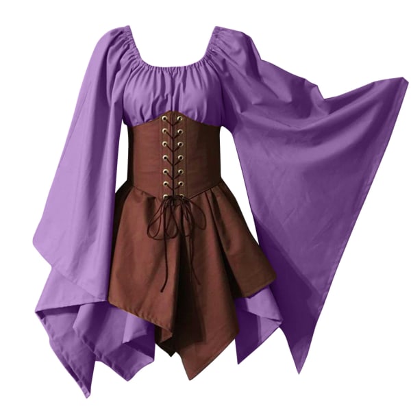 Traditionell irländsk klänning renässans medeltida kostym Korsett med utsvängda ärmar Halloween viktoriansk kort klänning purple L