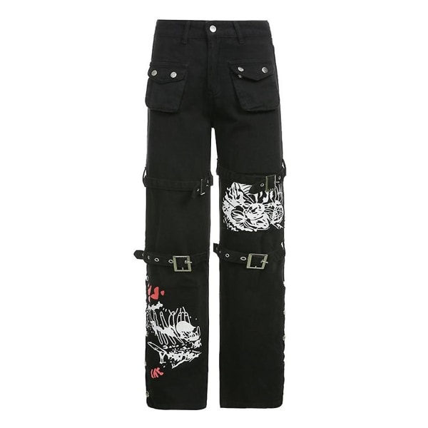 Dam Goth Punk Jeans med hög midja Harajuku Metal Spänne Bälte Hip Hop Print Cargo Byxor Vida ben Baggy Lösa jeansbyxor Streetwear med fickor L L
