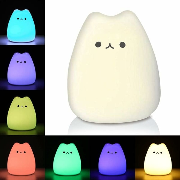 Cat LED nattlampa, batteridrivet silikon Söt katt barnrumslampa med varmvitt och 7 färger andningslägen för barn-HARRY