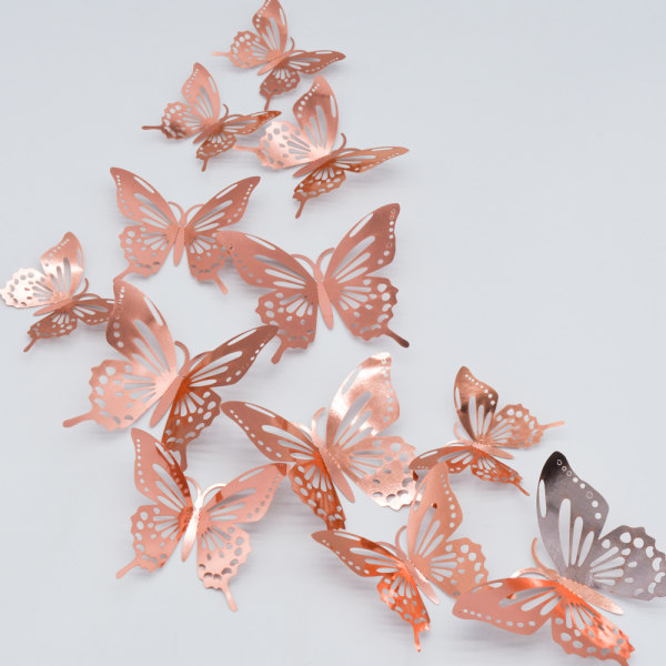 12 st 3D metallstruktur Stereo ihåliga fjärilsväggdekaler Gränsöverskridande bröllop Festlig heminredning (roséguld)