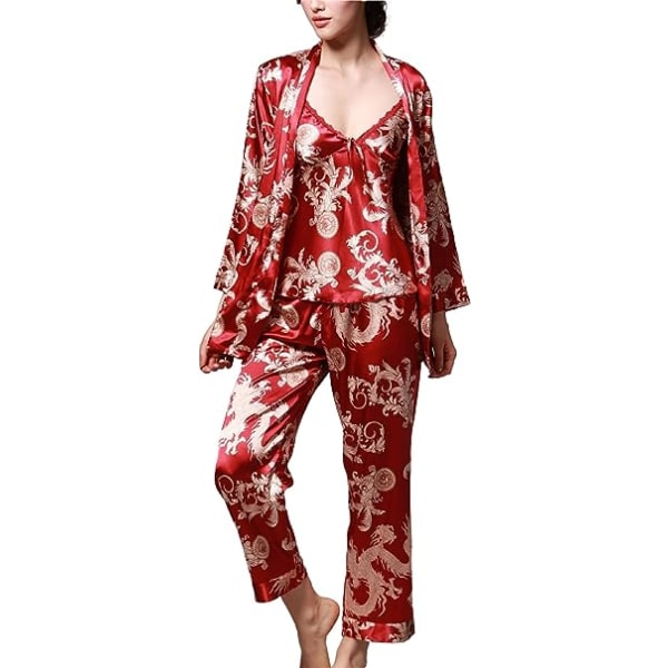 Långärmad sidenpyjamas för kvinnor Sexig komfort i tre delar (vinröd-L)