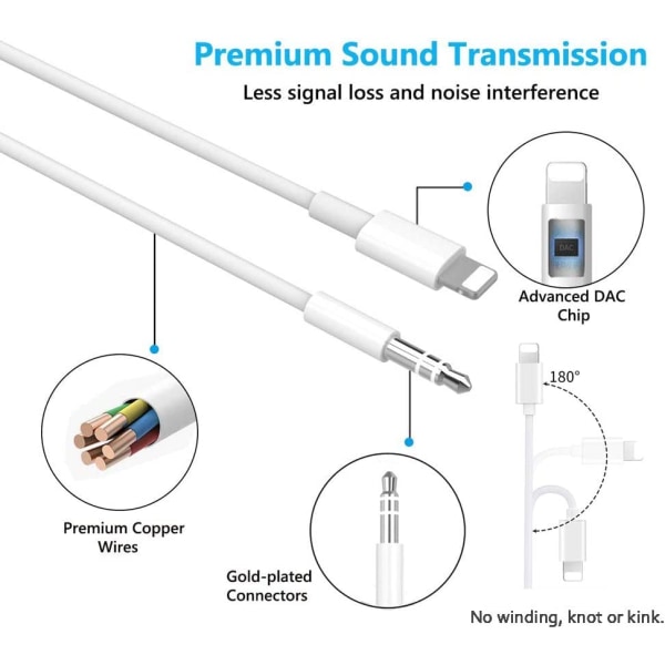 Aux-sladd för iPhone, L-ightning till 3,5 mm ljudkabel för bil, Hörlursuttag Adapter till bil/hem stereo/hörlurar/högtalare - vit
