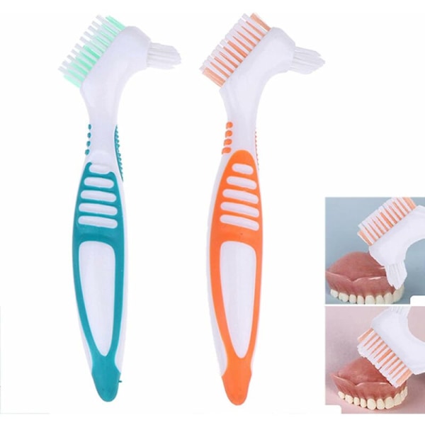 2-pack tandborste för proteser, konstgjord tandborste för tandvård, dubbla vinklade borsthuvuden, bärbar ergonomisk protesrengöring (orange och grön