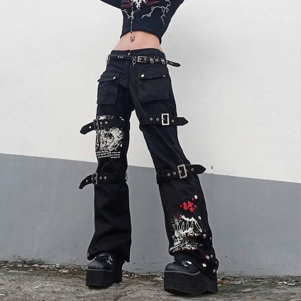 Dam Goth Punk Jeans med hög midja Harajuku Metal Spänne Bälte Hip Hop Print Cargo Byxor Vida ben Baggy Lösa jeansbyxor Streetwear med fickor L L