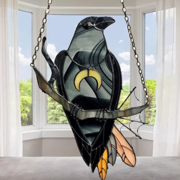 Mystisk kråkhäxa prydnad färgad solfångare svart fågel med månen Halsband Fönster vägghängande hänge