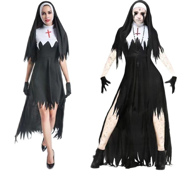 Halloween Zombie Nunna Kostym Vuxen Maskerad Vampyr Evil Party Uniform Cosplay Skräck Nunna S