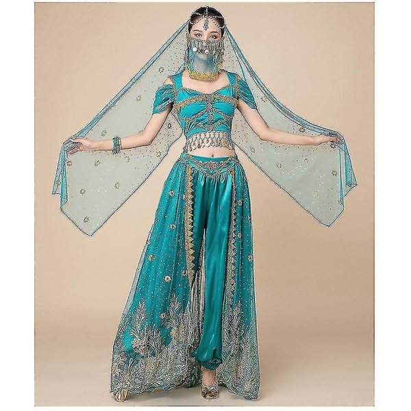 Princess Jasmine Cosplay För Kvinnor Indisk Magdans Arabisk Princess Halloween Carnival Set Blue 7pcs XL