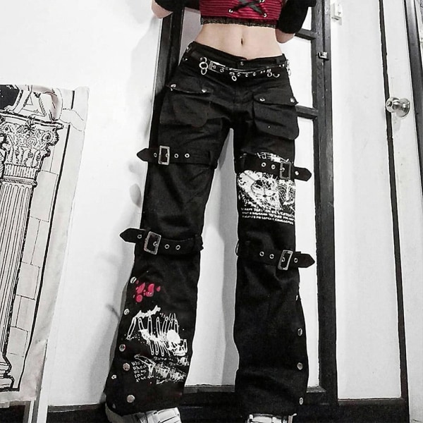 Dam Goth Punk Jeans med hög midja Harajuku Metal Spänne Bälte Hip Hop Print Cargo Byxor Vida ben Baggy Lösa jeansbyxor Streetwear med fickor M M