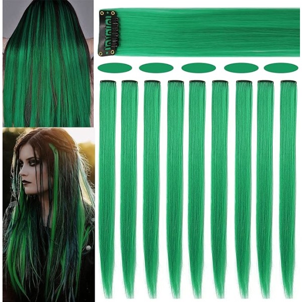 9st 21" färgad klämma i hårförlängningar Gröna hårförlängningar för barn Flickor Clip i gröna hårklämmor hårförlängningar för barn Festhöjdpunkter (