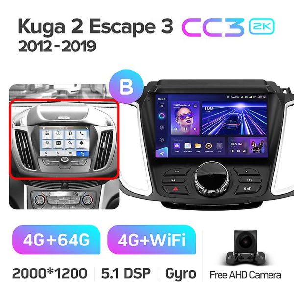 Cc3 2k för Ford Kuga 2 Escape 3 2012 - 2019 Bilradio Multimedia Videospelare Navigering Stereo Gps Android 10 No 2din 2 Din Dvd 12Kuga2 2K 64G-B