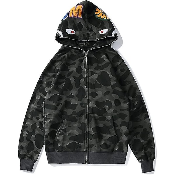 Shark Ape Bape Hoodie Camo Print Polyestertröja Casual Loose Zip Hoodie Jacka För Herr Dam black M