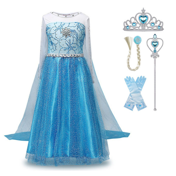 Prinsessklänning + Handskar/Stöd/Tiara/Fläta Mörkblå 150 cm