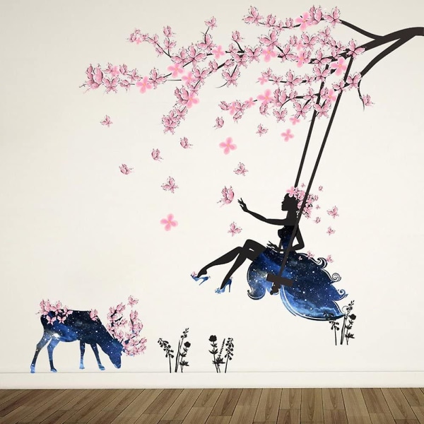 Flicka på en gunga & älg Silhouette väggdekaler med rosa fjärilar väggdekor heminredning Avtagbar