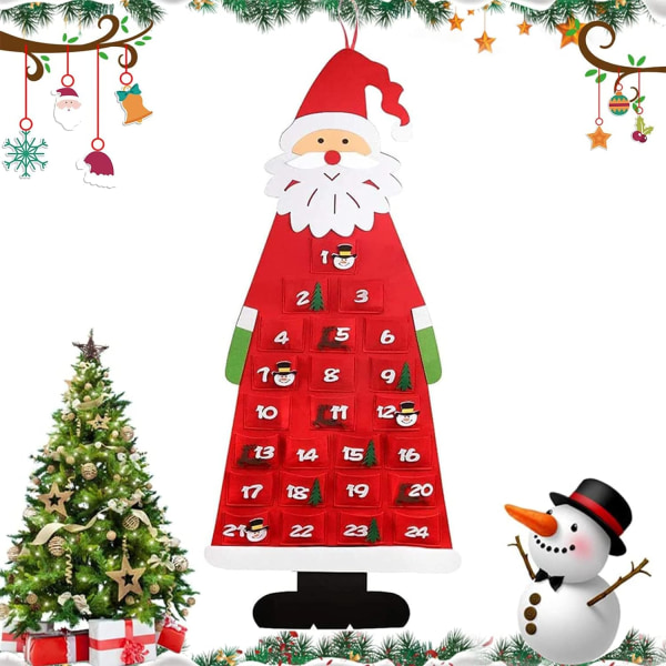 Jultomteskalender, fyllbar frontkalender, julfiltadventskalender, med 24 filtpåsar att fylla julen (röd)