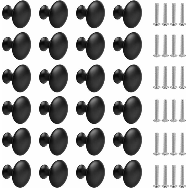 24 stycken mattsvarta lådknoppar, runda skåpsknoppar Möbelknoppar med skruvar för skåp Kök Sängbord (30 mm)