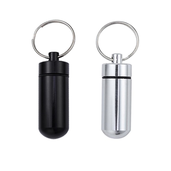 2 st Mini pillerfodral med nyckelring Pillboxar i aluminiumlegering Nyckelring Vattentät pillerbehållare Medicinhållare (svart och silver)