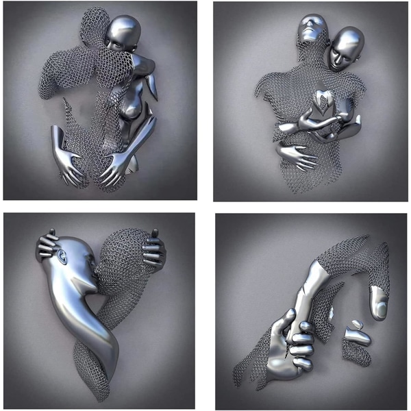 4st Love Heart 3D Effekt Väggkonst, Abstrakt metallfigur Skulptur Dukmålning Hängande, Kärlek Grå Konst, Heminredning (40x40cm)