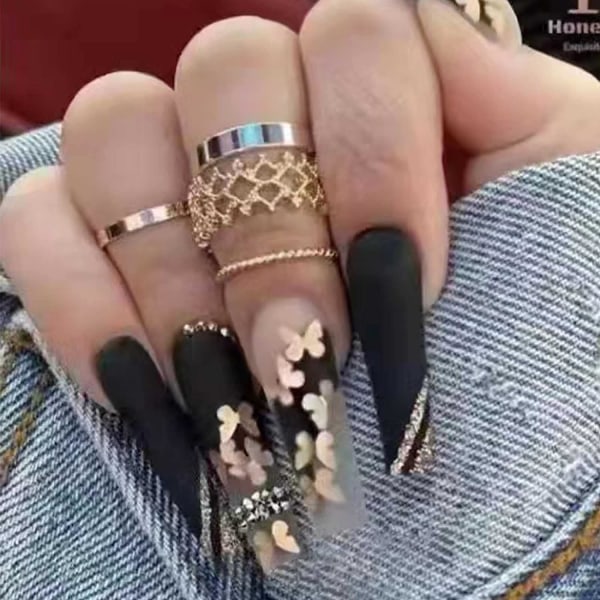 Lyxpress på naglar Extra långa falska naglar Svart ballerina kista fjäril lösnaglar för kvinnor och flickor