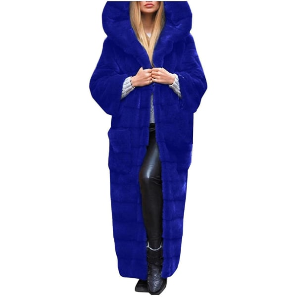 Kvinnors fuskpäls långärmad jacka med huva, ytterkläder Blue 3XL