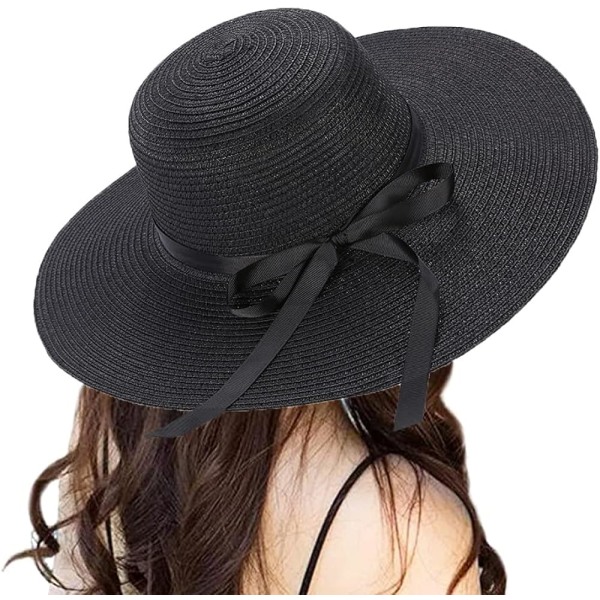 Stråhatt för damer, sommarbowknot, hopfällbara hattar, solhatt (svart)