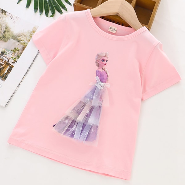 Girl Shirt 3D Frozen Shirt Elsa Princess Shirts Top Bomull Pink 130cm