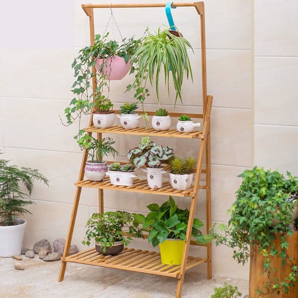 Wisfor 3-vånings växtställ, hängställning, bambuväxtstege, organizer blomkrukor, växthylla, förvaringsställ för trädgårdshyllor, 70 cm