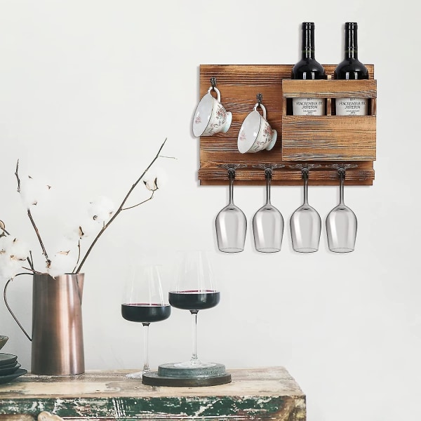 Vinställ Väggmonterat med glashållare och koppkrok, förtjockad furu Vinhylla Rustik vindisplay förvaringsställ, presenter till vinälskare, mamma