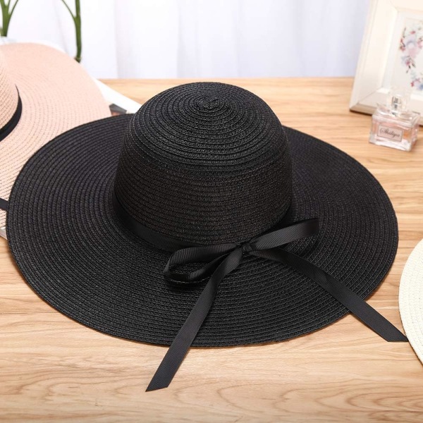 Stråhatt för damer, sommarbowknot, hopfällbara hattar, solhatt (svart)