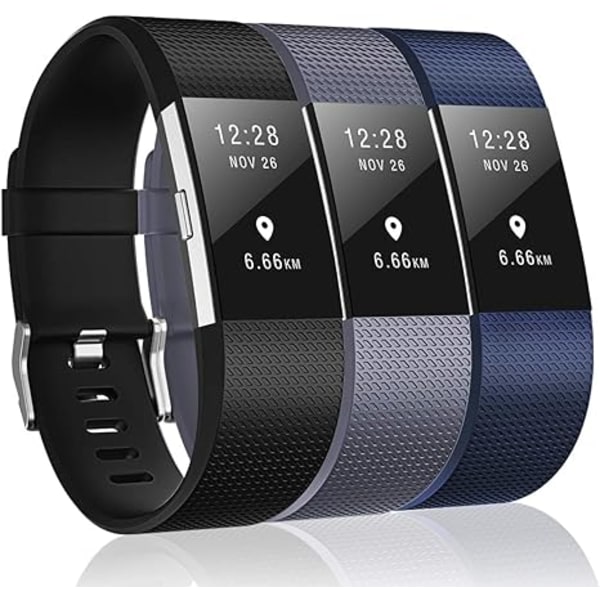 3-pack band kompatibla med Fitbit Charge 2, Classic & Special Edition ersättningsband för Fitbit Charge 2, kvinnor män（svart/grå/marinblå-L）