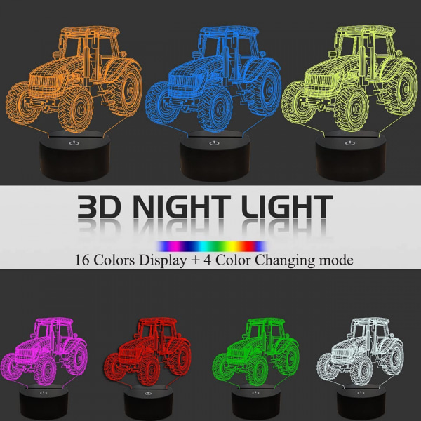Qinwei Traktor 3D Nattljus Illusionslampa för flickor Pojkar Män Kvinnor 16 färger ändras med fjärrkontroll